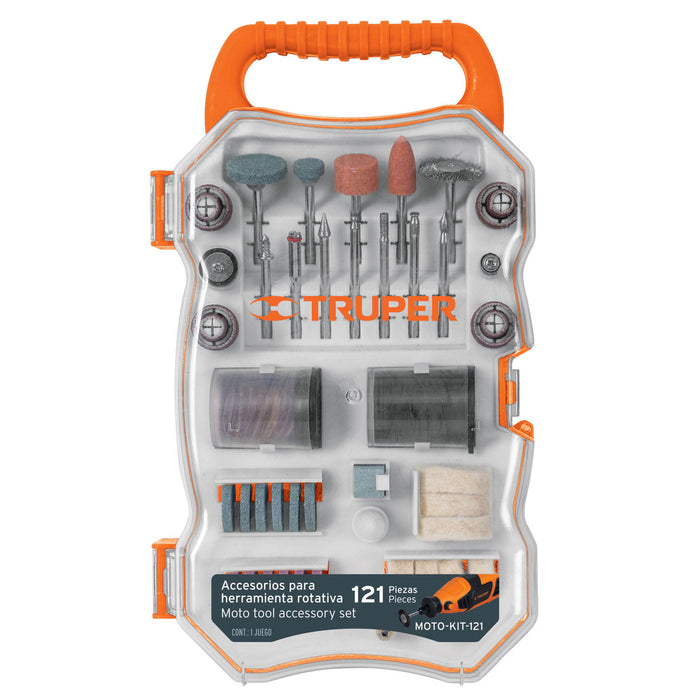 Kit con 121 accesorios para herramienta rotativa, Truper 100757 MOTO-KIT-121