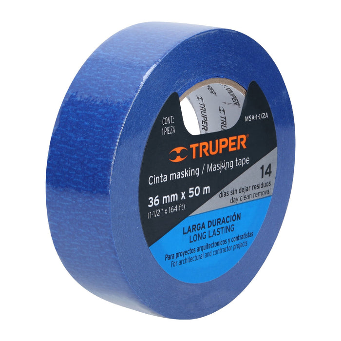 Cinta masking tape azul de 1-1/2' x 50 m para pintor, Truper Código: 12623