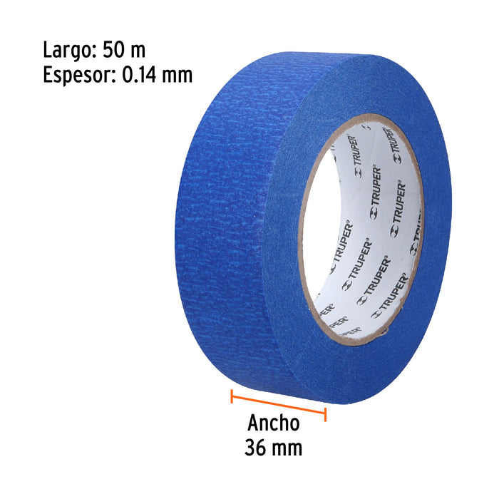Cinta masking tape azul de 1-1/2' x 50 m para pintor, Truper Código: 12623