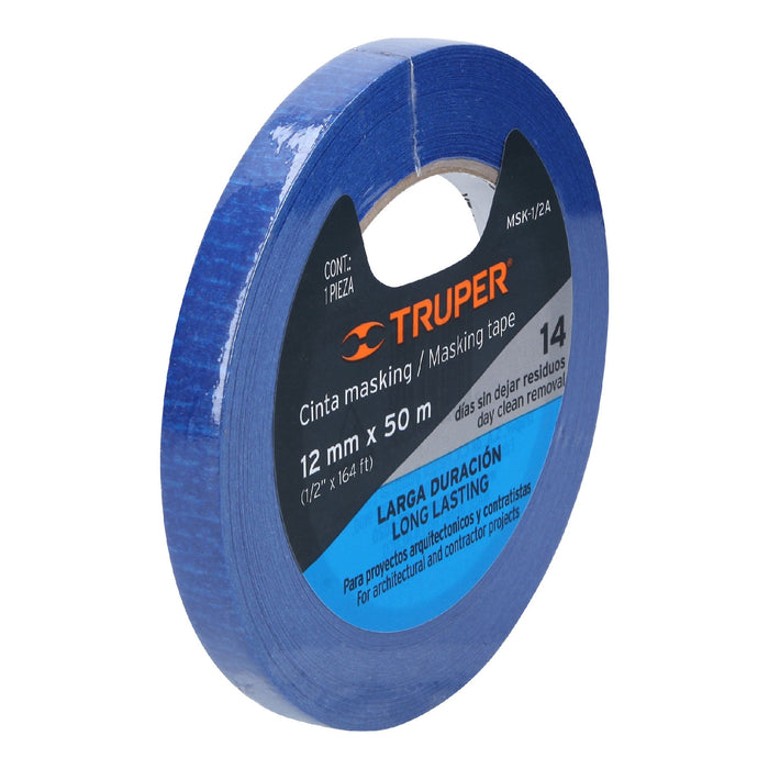 Cinta masking tape azul de 1/2' x 50 m para pintor, Truper Código: 12620