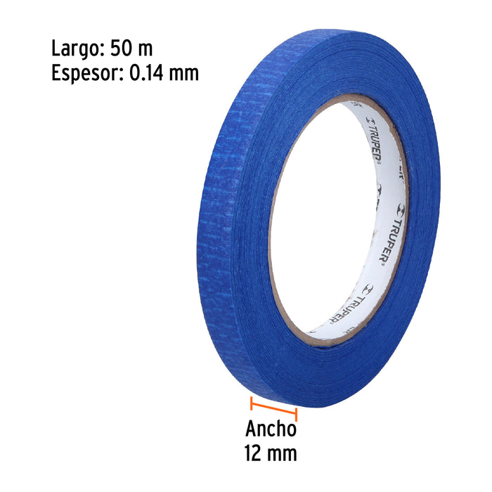 Cinta masking tape azul de 1/2' x 50 m para pintor, Truper Código: 12620