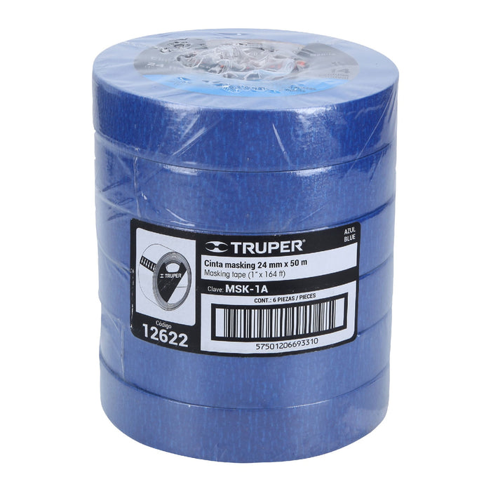 Cinta masking tape azul de 1' x 50 m para pintor, Truper 12622 MSK-1A