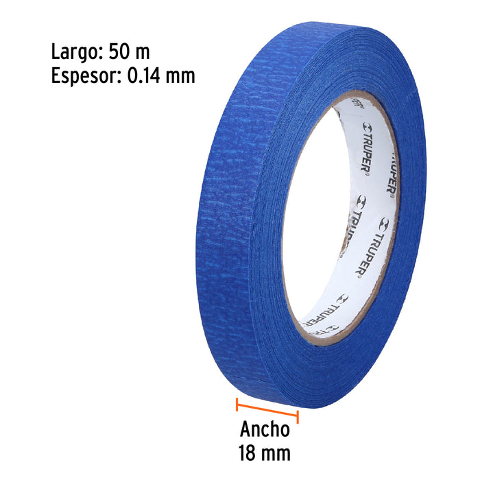 Cinta masking tape azul de 3/4' x 50 m para pintor, Truper Código: 12621
