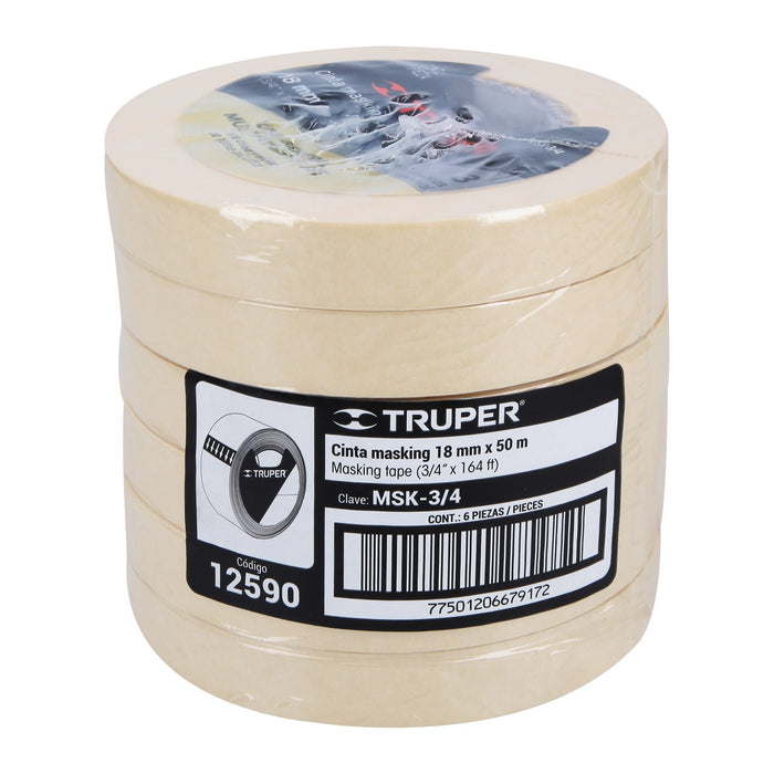 Cinta masking tape de 3/4' x 50 m, Truper Código: 12590