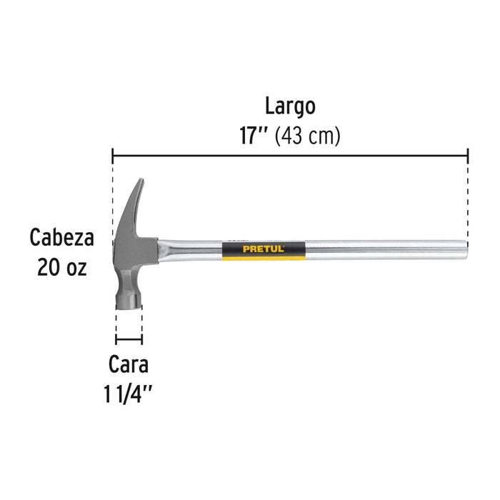 Martillo uña recta 20 oz, mango tubular, Pretul 20597 MTR-20P