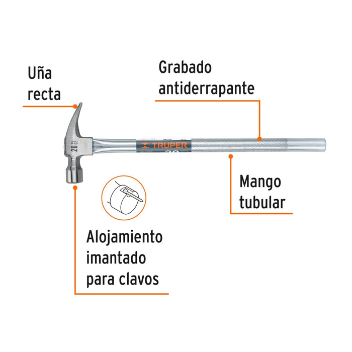 Martillo tubular pulido 20 oz alojamiento imantado uña recta 16661 MTR-20X
