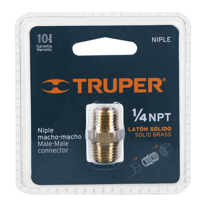 Niple macho-macho de latón, cuerda 1/4' NPT, Truper 19024 NIPLE
