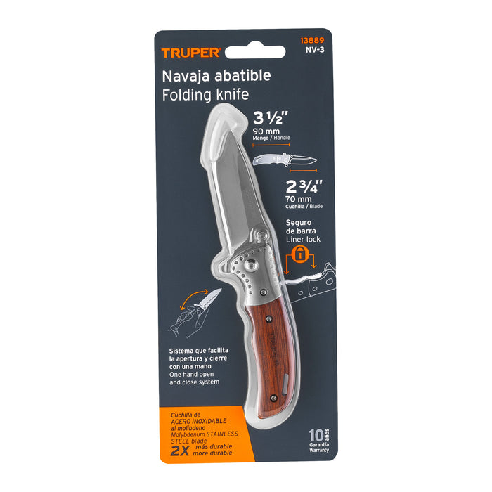 Navaja abatible 3-1/2' mango de madera, Truper 13889 NV-3