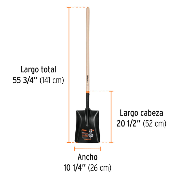 Pala T-2000 cuadrada, tipo español, mango largo 41', Truper Código: 11391