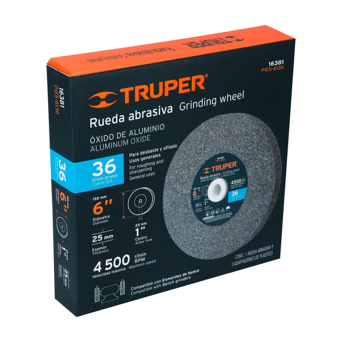 Rueda abrasiva p/esmeril 6 X 1', óxido de aluminio, grano 36 16381 PIES-6136