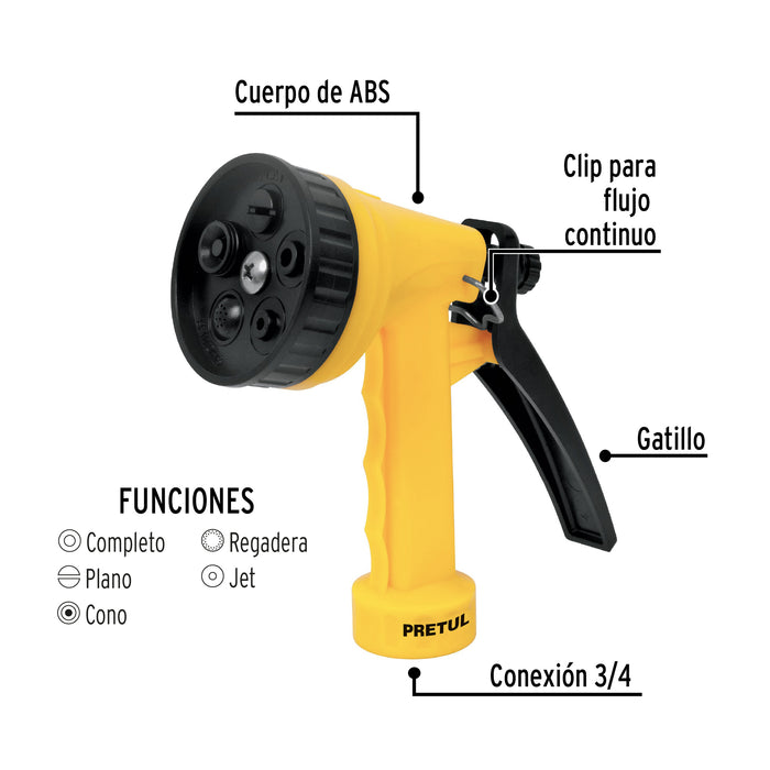 Pistola para riego de 5 funciones plástica, Pretul 22765 PIM-55P