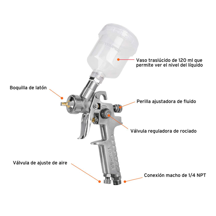 Pistola p/retoque gravedad HVLP vaso plástico, 1 mm, Truper 11097 PIPI-410