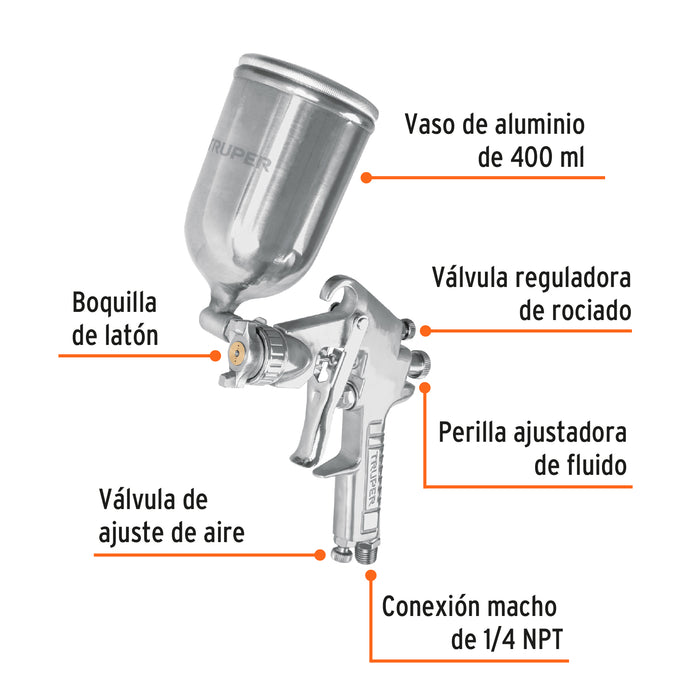 Pistola p/pintar gravedad LVMP vaso aluminio, 1.7 mm, Truper 13061 PIPI-421