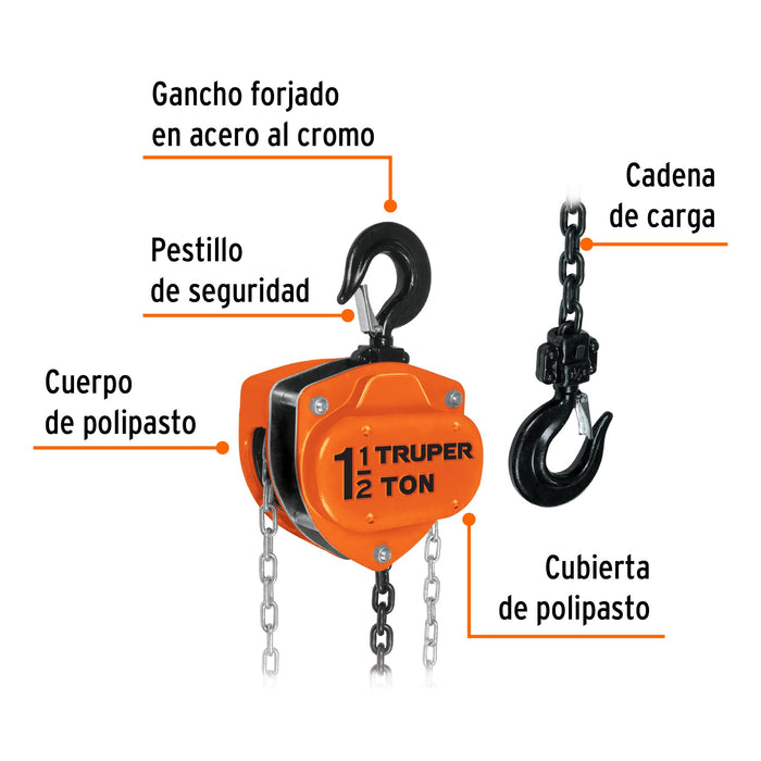 Polipasto de cadena de 1-1/2 ton, Truper Código: 16825