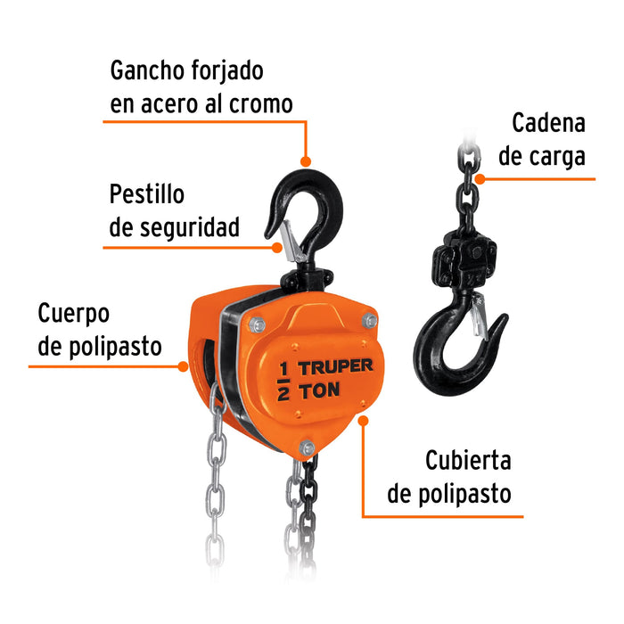 Polipasto de cadena de 1/2 ton, Truper Código: 16823