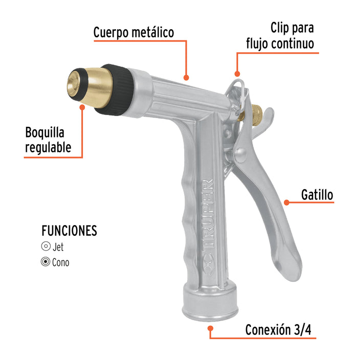 Pistola para riego 2 funciones metálica, boquilla regulable 17482 PR-102