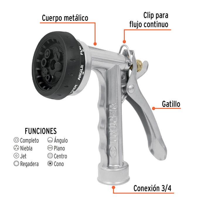 Pistola para riego de 8 funciones metálica, Truper 17481 PR-108