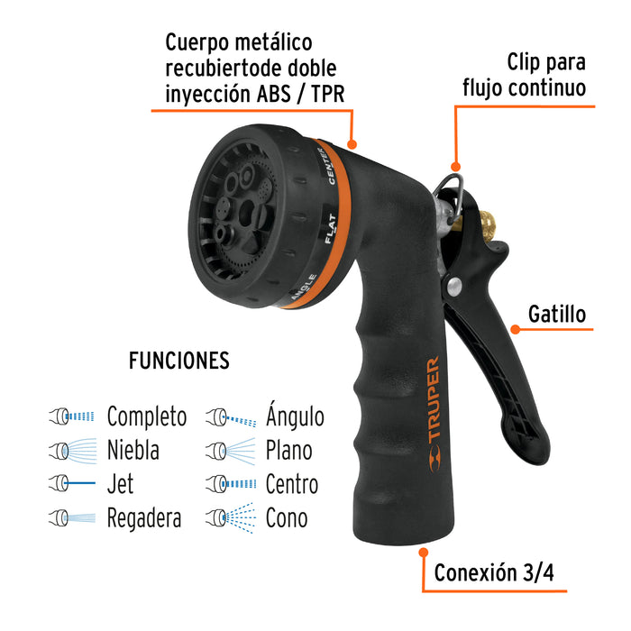 Pistola para riego de 8 funciones metálica con recubrimiento 18477 PR-208