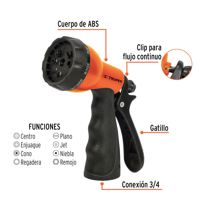 Pistola para riego de 8 funciones plástica con recubrimiento 18482 PR-409
