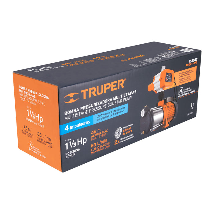 Bomba presurizadora multietapas 1 1/3 HP con control, Truper Código: 102387