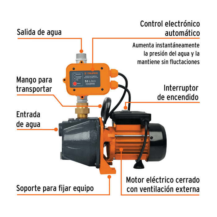 Bomba presurizadora jet hierro 1 HP con control, Truper 19397 PRES-1
