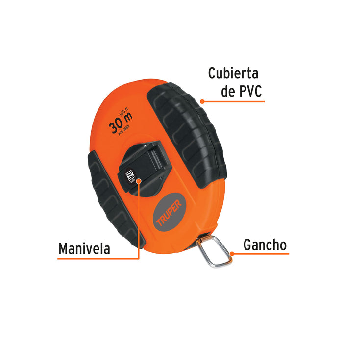 Cinta larga 30 m metálica, carcasa plástica, Truper 20901 PRO-30ME
