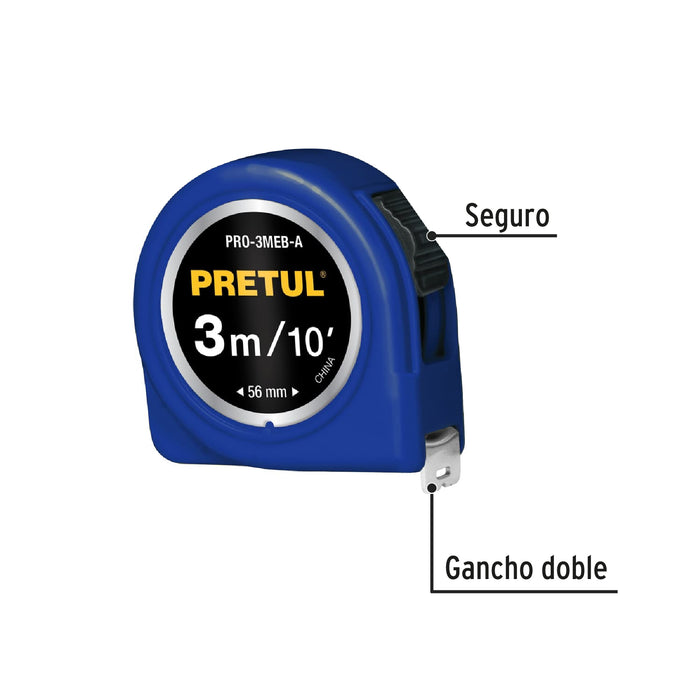 Flexómetro azul 3 m cinta 13 mm, en tarjeta, Pretul 21609 PRO-3MEB-A