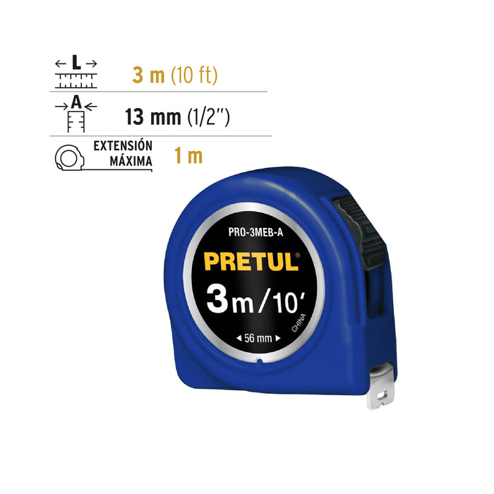 Flexómetro azul 3 m cinta 13 mm, en tarjeta, Pretul 21609 PRO-3MEB-A