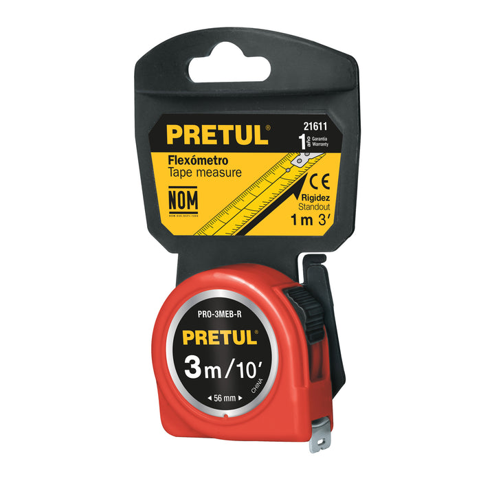 Flexómetro amarillo 3 m cinta 13 mm, en tarjeta, Pretul 21605 PRO-3MEB