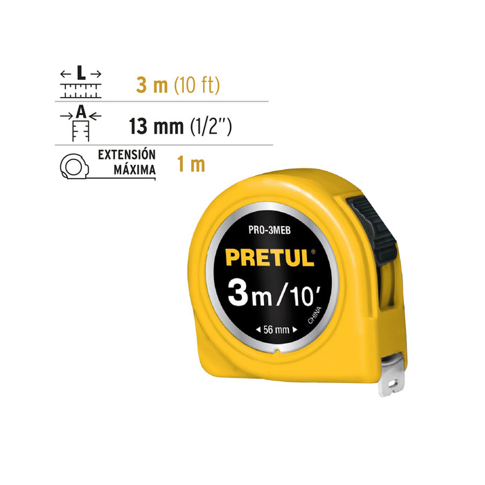 Flexómetro amarillo 3 m cinta 13 mm, en tarjeta, Pretul 21605 PRO-3MEB