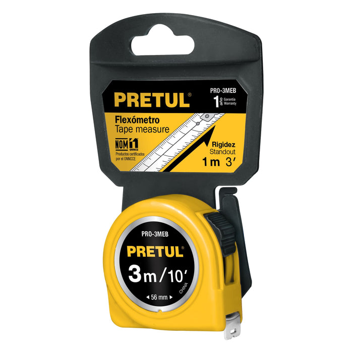 Flexómetro amarillo 3 m cinta 13 mm, en tarjeta, Pretul 21605 PRO-3MEB