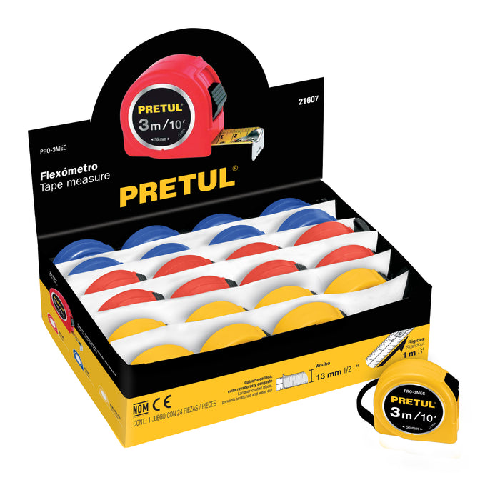 Flexómetro 3 m cinta 13 mm, display box con 24 pzas, Pretul 21607 PRO-3MEC
