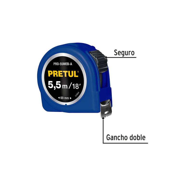 Flexómetro azul 5.5 m cinta 25 mm, en tarjeta, Pretul 28023 PRO-55MEB-A