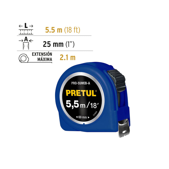Flexómetro azul 5.5 m cinta 25 mm, en tarjeta, Pretul 28023 PRO-55MEB-A