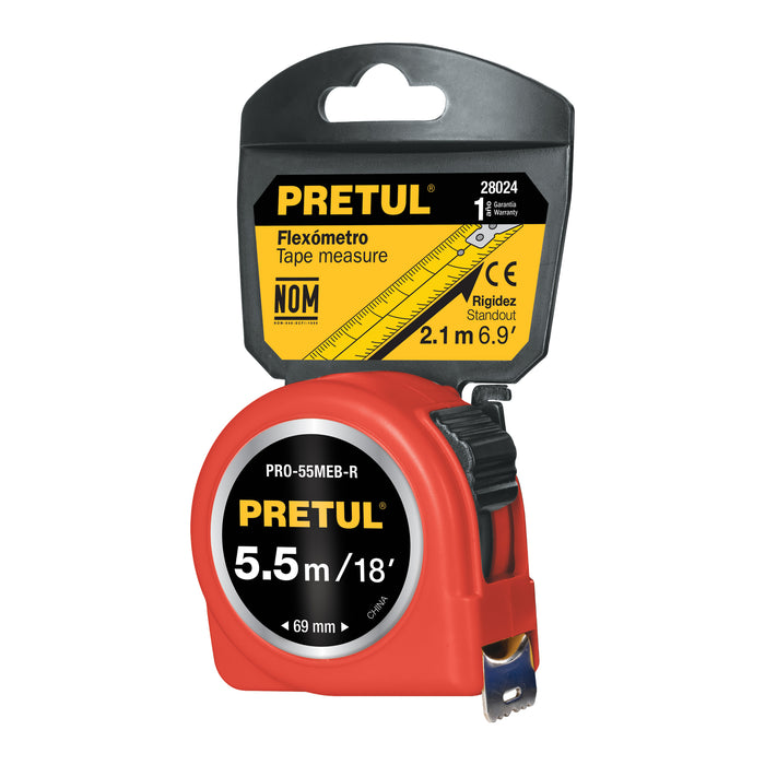 Flexómetro verde 5.5 m cinta 25 mm, en tarjeta, Pretul 28024 PRO-55MEB-R