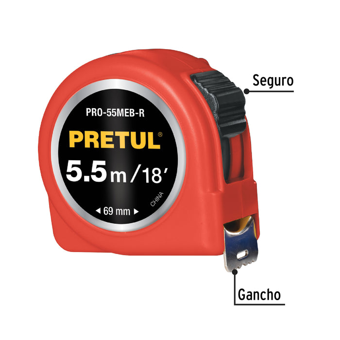 Flexómetro verde 5.5 m cinta 25 mm, en tarjeta, Pretul 28024 PRO-55MEB-R