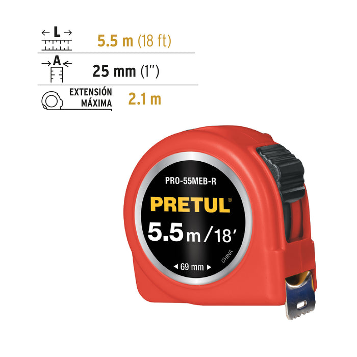 Flexómetro verde 5.5 m cinta 25 mm, en tarjeta, Pretul 28024 PRO-55MEB-R