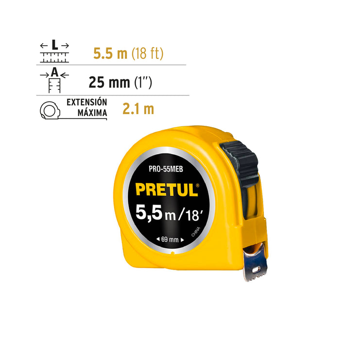 Flexómetro amarillo 5.5 m cinta 25 mm, en tarjeta, Pretul 28022 PRO-55MEB