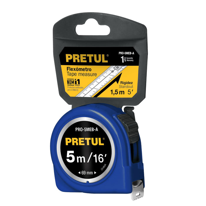 Flexómetro amarillo 5 m cinta 19 mm, en tarjeta, Pretul 21606 PRO-5MEB