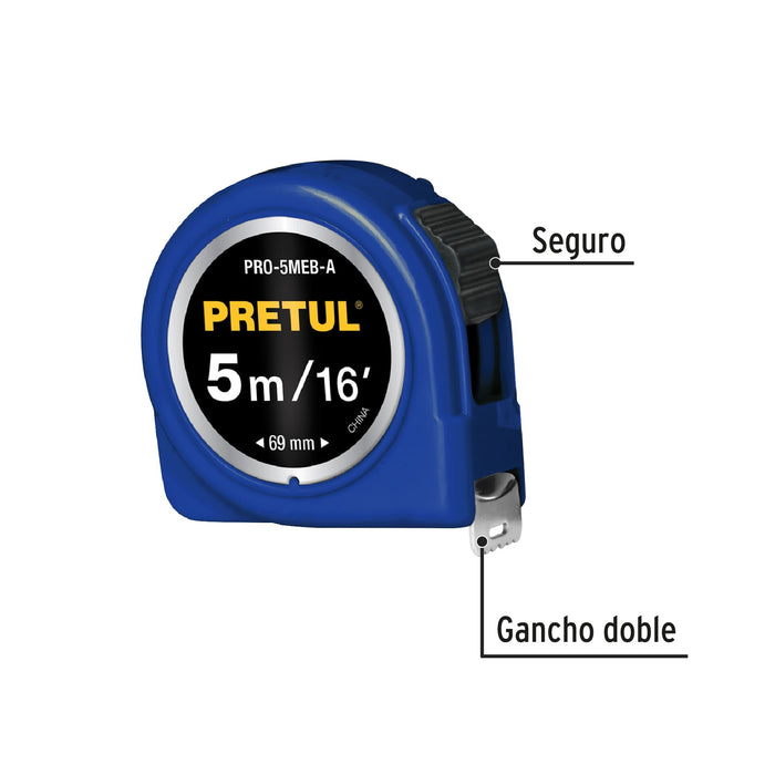 Flexómetro azul 5 m cinta 19 mm, en tarjeta, Pretul 21610 PRO-5MEB-A