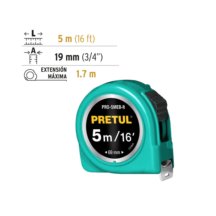Flexómetro verde 5 m cinta 19 mm, en tarjeta, Pretul 21612 PRO-5MEB-R