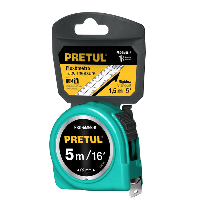 Flexómetro amarillo 5 m cinta 19 mm, en tarjeta, Pretul 21606 PRO-5MEB