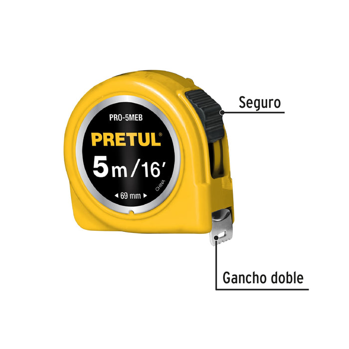 Flexómetro amarillo 5 m cinta 19 mm, en tarjeta, Pretul 21606 PRO-5MEB