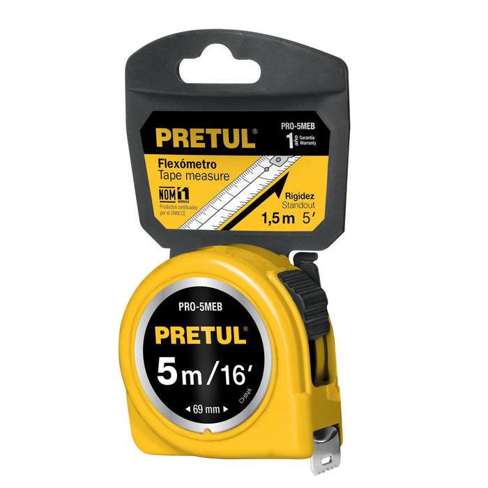 Flexómetro amarillo 5 m cinta 19 mm, en tarjeta, Pretul 21606 PRO-5MEB