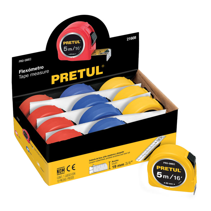 Flexómetro 5 m cinta 19 mm, display box con 12 pzas, Pretul 21608 PRO-5MEC