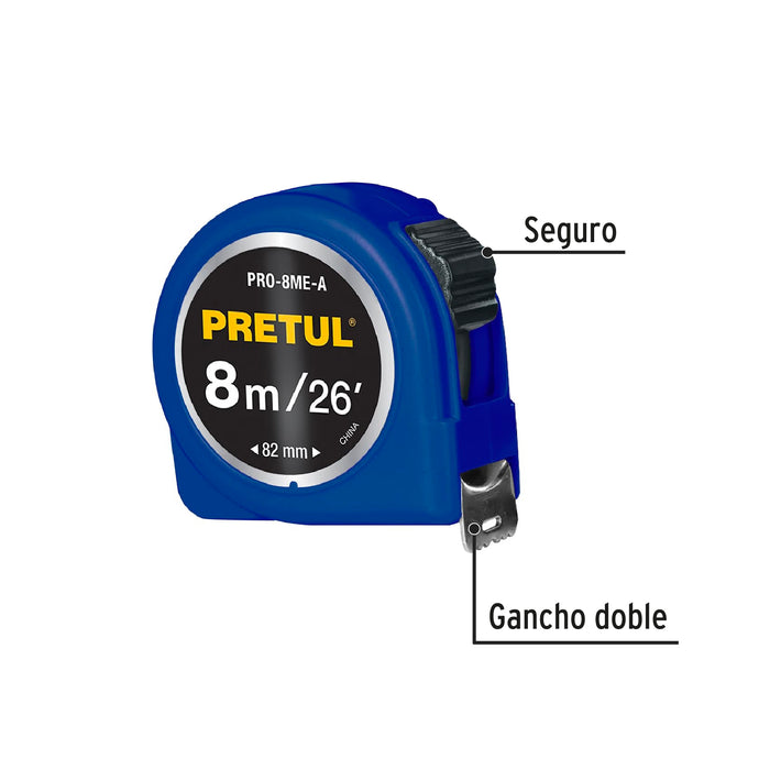Flexómetro amarillo 8 m cinta 25 mm, en tarjeta, Pretul 21603 PRO-8ME