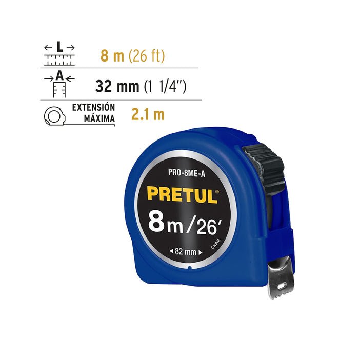 Flexómetro amarillo 8 m cinta 25 mm, en tarjeta, Pretul 21603 PRO-8ME