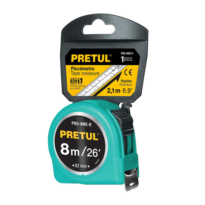 Flexómetro amarillo 8 m cinta 25 mm, en tarjeta, Pretul 21603 PRO-8ME