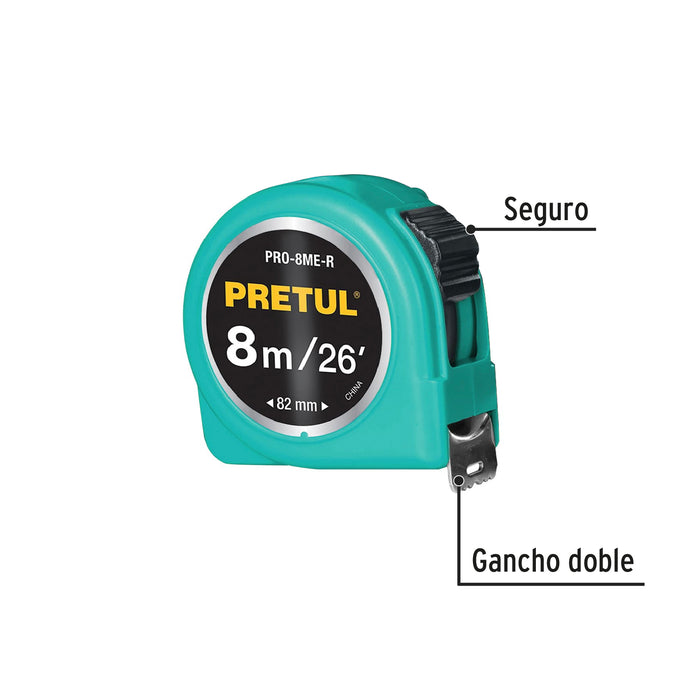 Flexómetro verde 8 m cinta 25 mm, en tarjeta, Pretul 29999 PRO-8ME-R