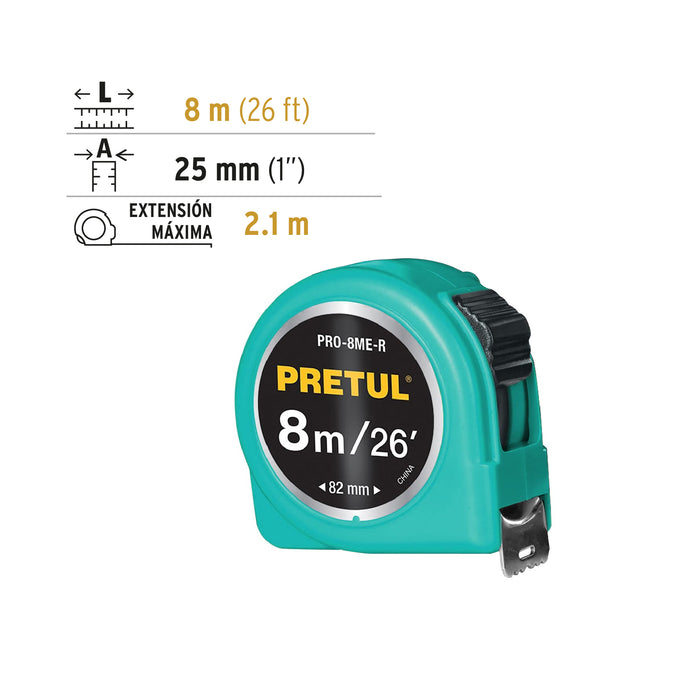 Flexómetro amarillo 8 m cinta 25 mm, en tarjeta, Pretul 21603 PRO-8ME